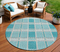 8' Teal Blue Gray And Ivory Round Plaid Washable Indoor Outdoor Area Rug