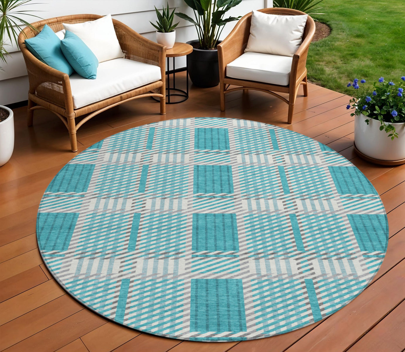 8' Teal Blue Gray And Ivory Round Plaid Washable Indoor Outdoor Area Rug