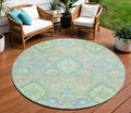 8' Mint Green Blue And Ivory Round Oriental Washable Indoor Outdoor Area Rug