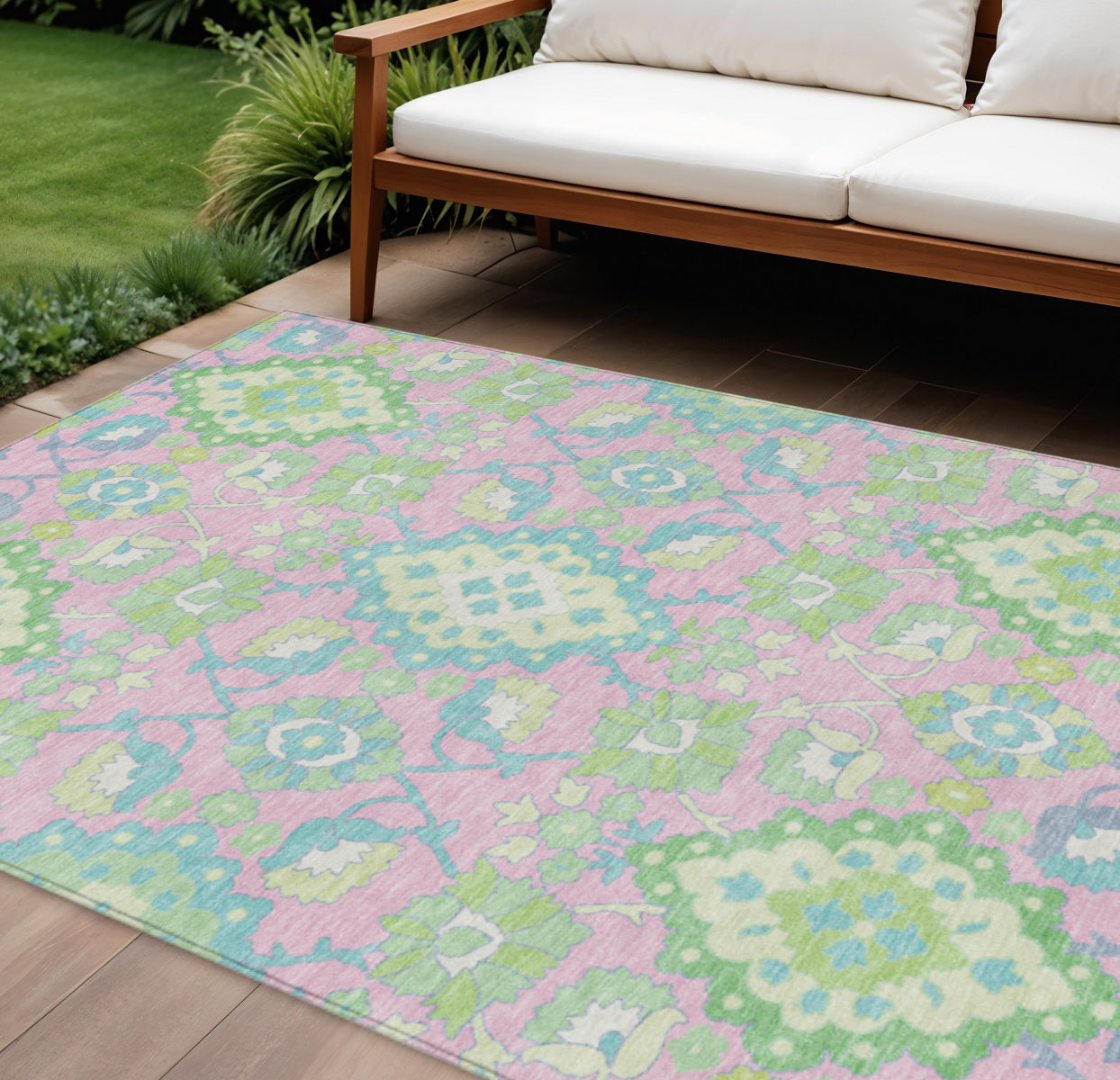 9' X 12' Pink Green And Blue Oriental Washable Indoor Outdoor Area Rug