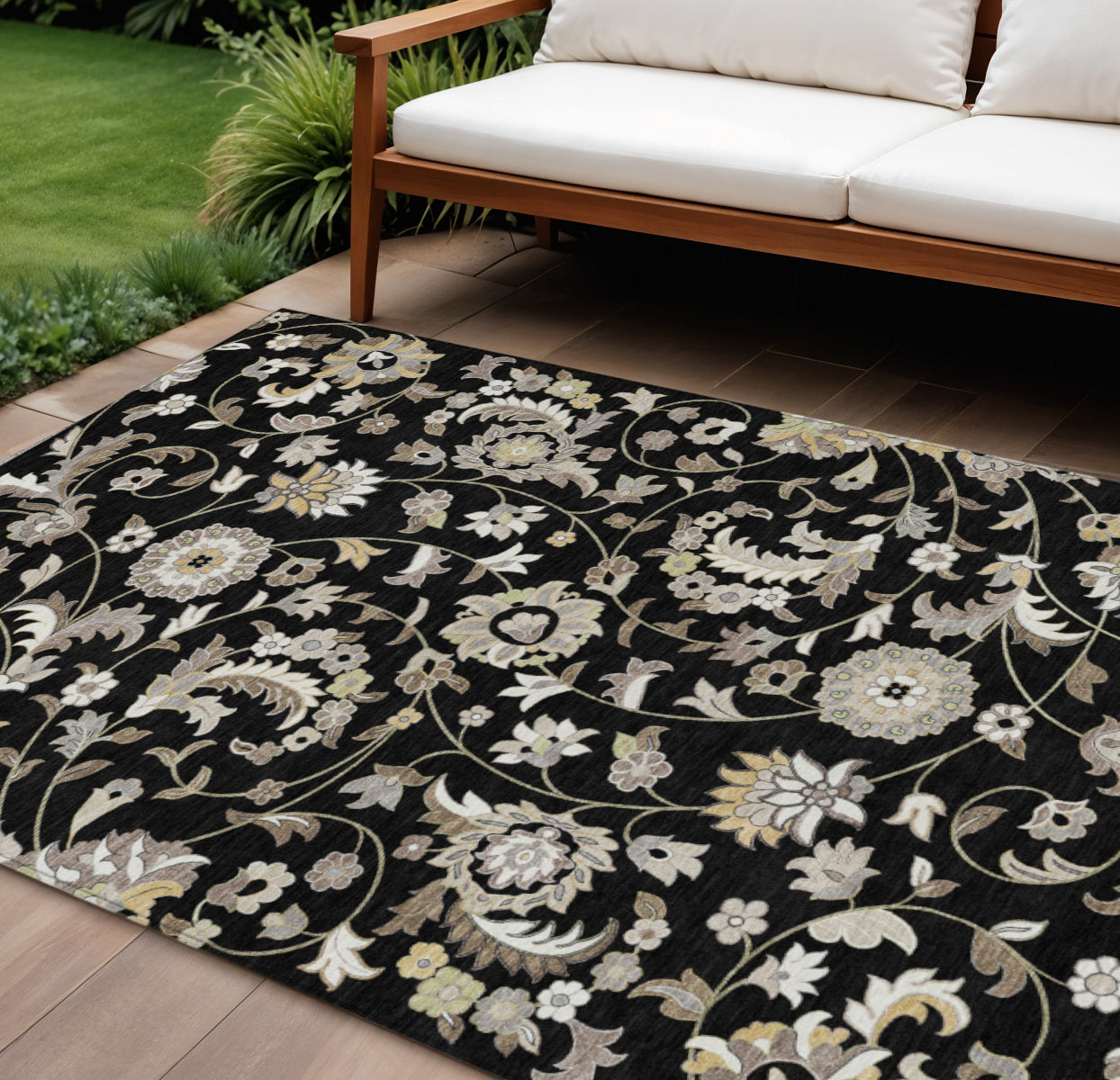 8' X 10' Black Beige And Ivory Floral Washable Indoor Outdoor Area Rug