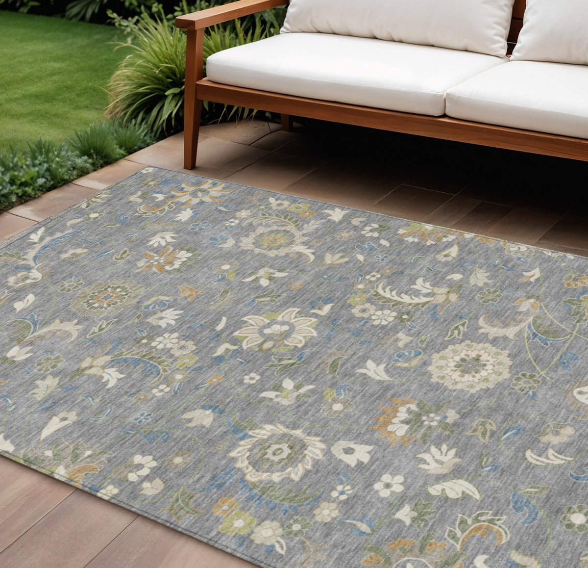 8' X 10' Gray Blue And Green Floral Washable Indoor Outdoor Area Rug