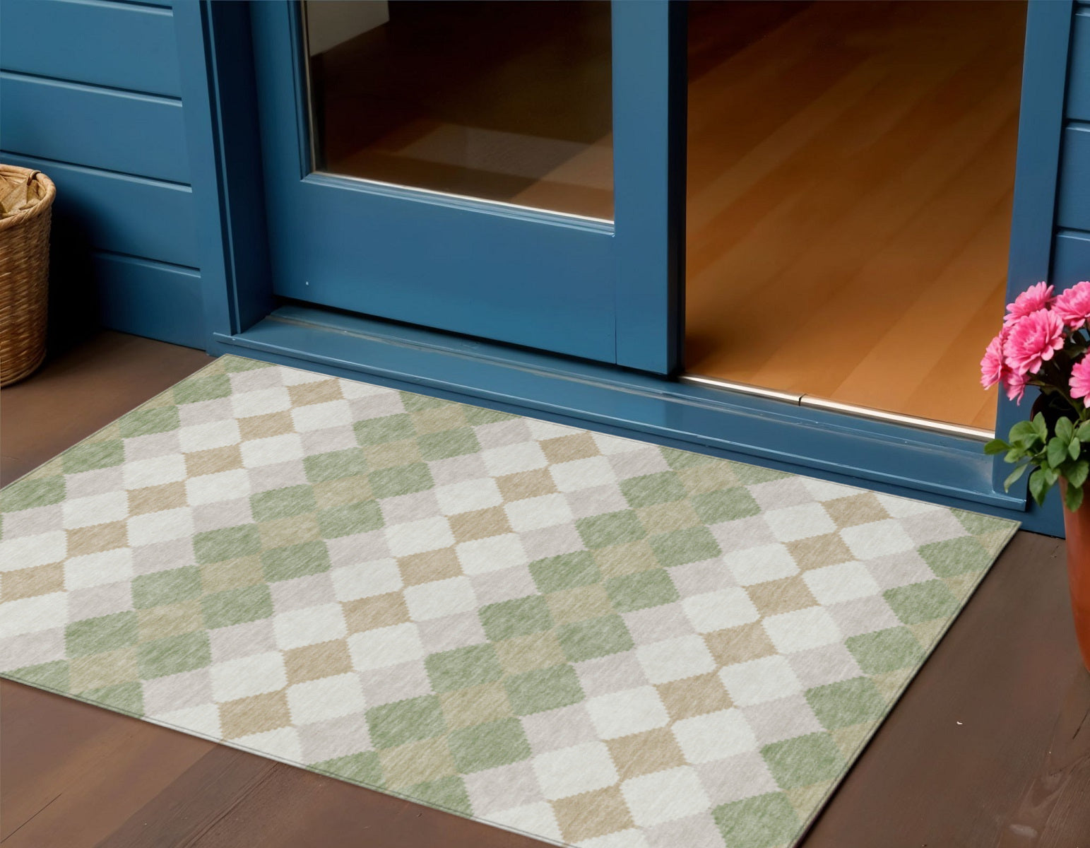 3' X 5' Artichoke Green Ivory And Beige Geometric Washable Indoor Outdoor Area Rug