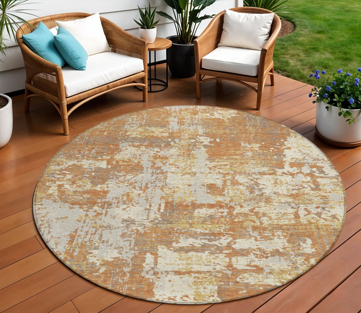 8' Copper Gold And Ivory Round Abstract Washable Indoor Outdoor Area Rug