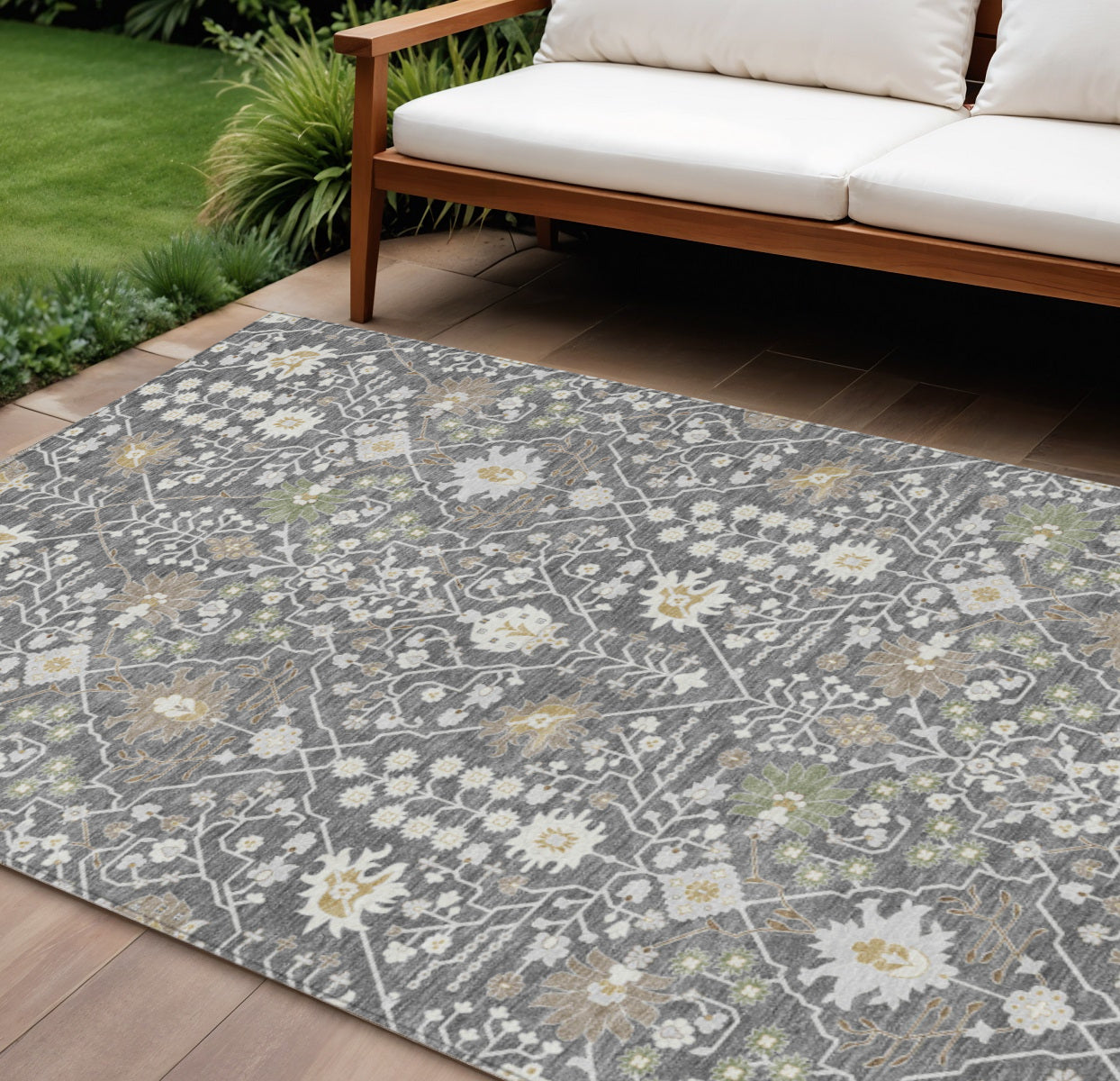 8' X 10' Charcoal Ivory And Green Oriental Washable Indoor Outdoor Area Rug