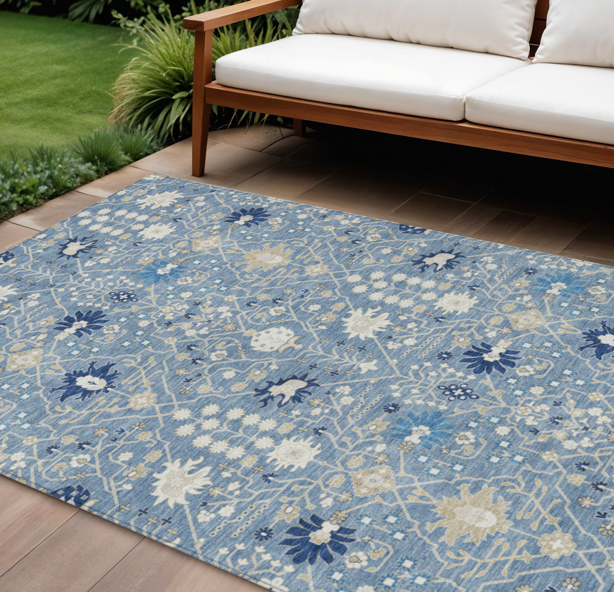 9' X 12' Denim Blue Ivory And Beige Oriental Washable Indoor Outdoor Area Rug