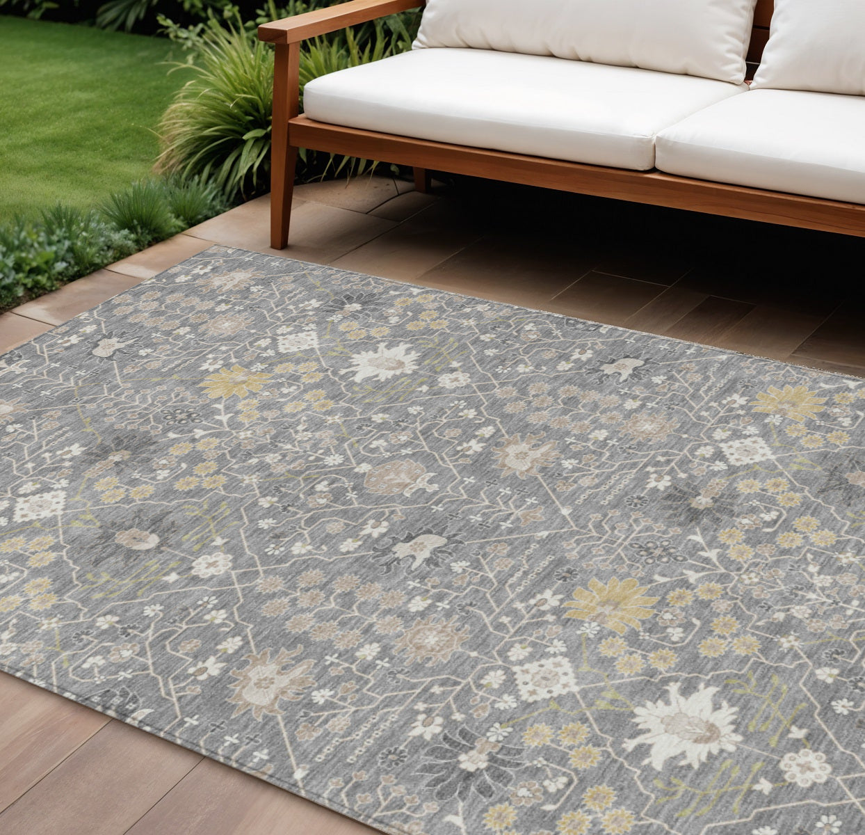 8' X 10' Gray Gold And Ivory Oriental Washable Indoor Outdoor Area Rug