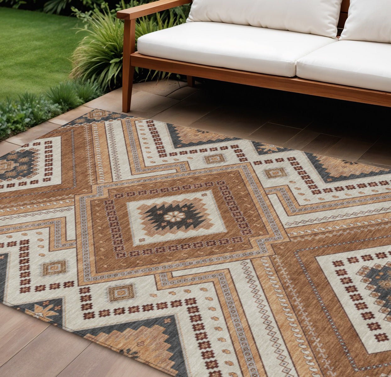 9' X 12' Copper Brown And Beige Tribal Washable Indoor Outdoor Area Rug