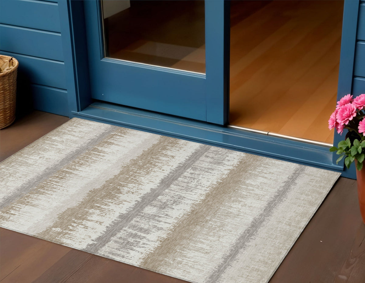 3' X 5' Ivory Gray And Beige Striped Washable Indoor Outdoor Area Rug