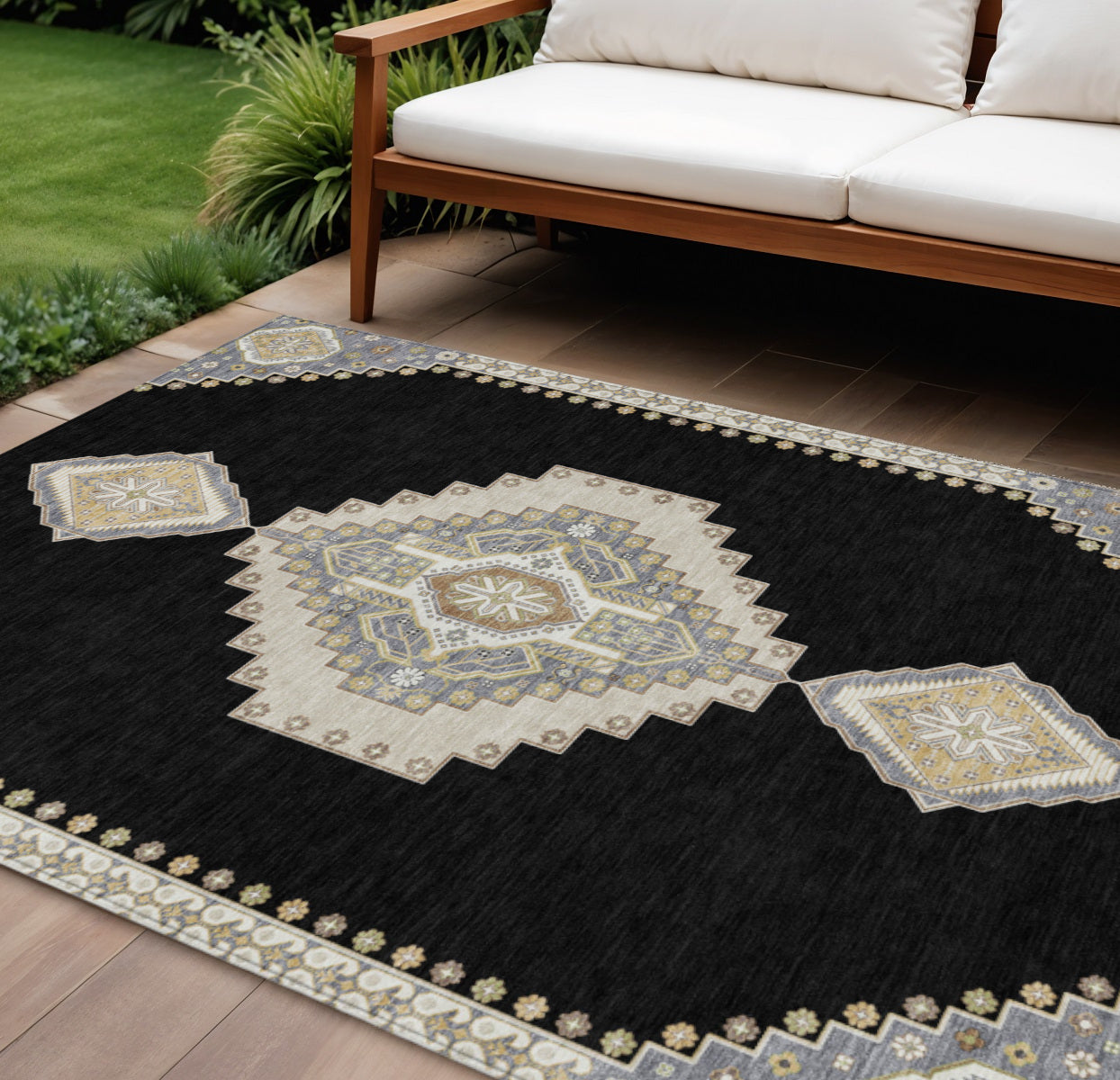 9' X 12' Black Gold And Gray Oriental Washable Indoor Outdoor Area Rug