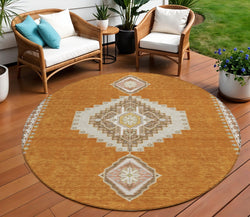8' Copper Brown And Ivory Round Oriental Washable Indoor Outdoor Area Rug