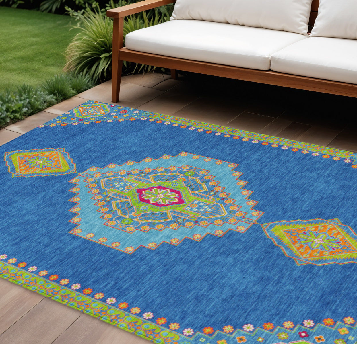 10' X 14' Denim Blue Red And Green Oriental Washable Indoor Outdoor Area Rug