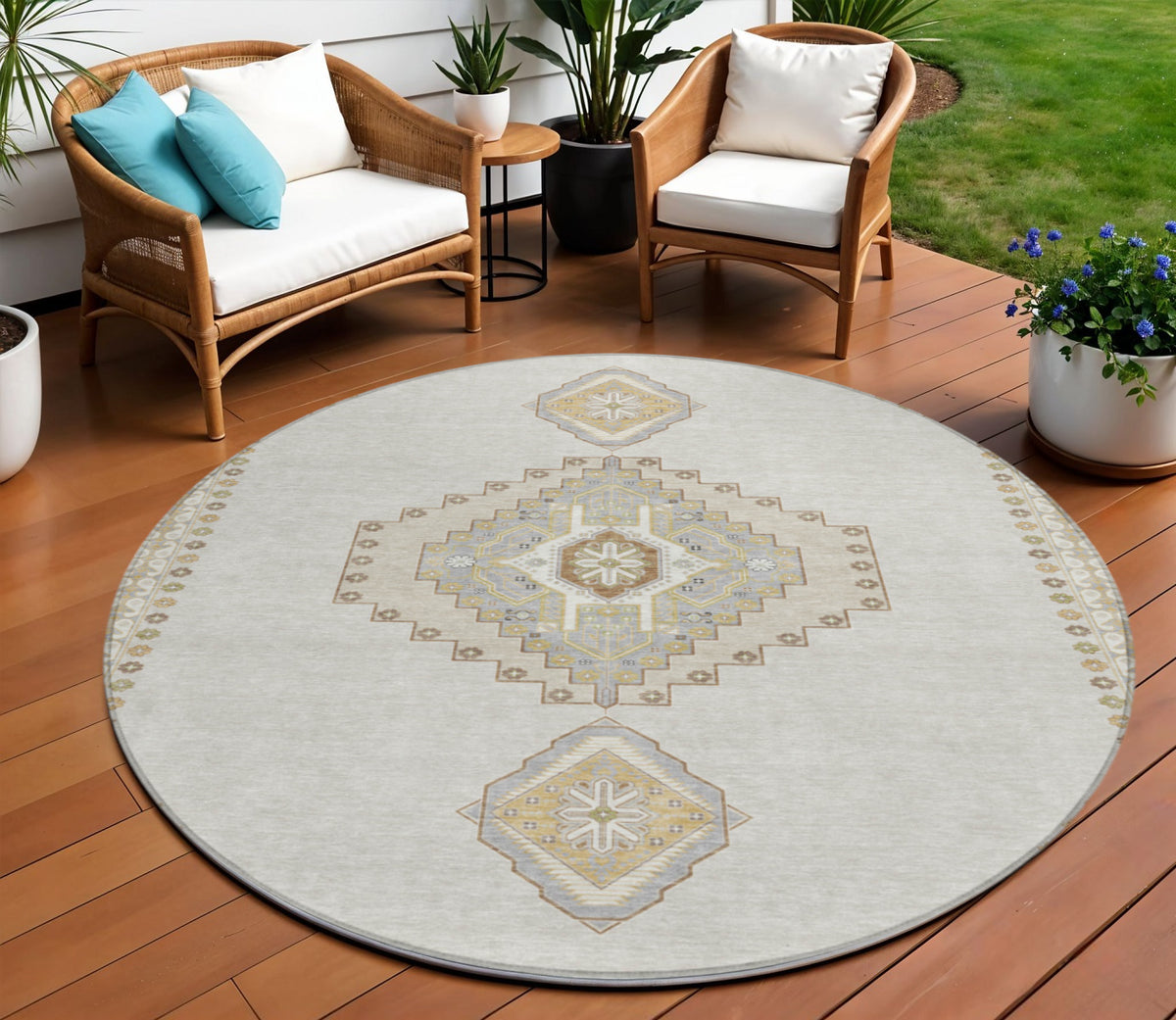 8' Ivory Gray And Brown Round Oriental Washable Indoor Outdoor Area Rug