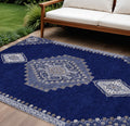 10' X 14' Navy Blue Gray And Brown Oriental Washable Indoor Outdoor Area Rug