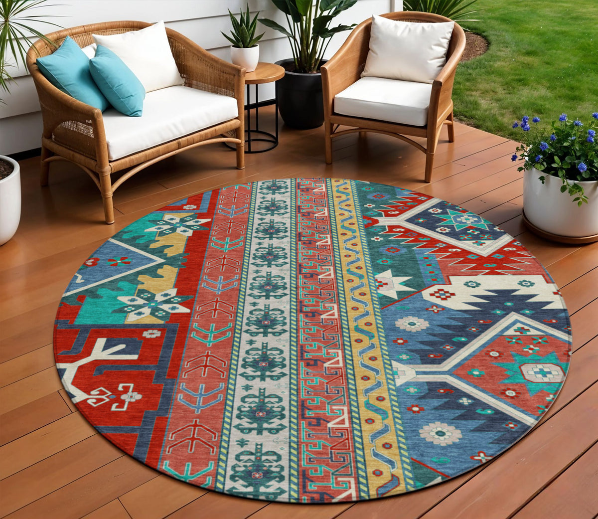 8' Red Pink And Teal Blue Round Aztec Washable Indoor Outdoor Area Rug