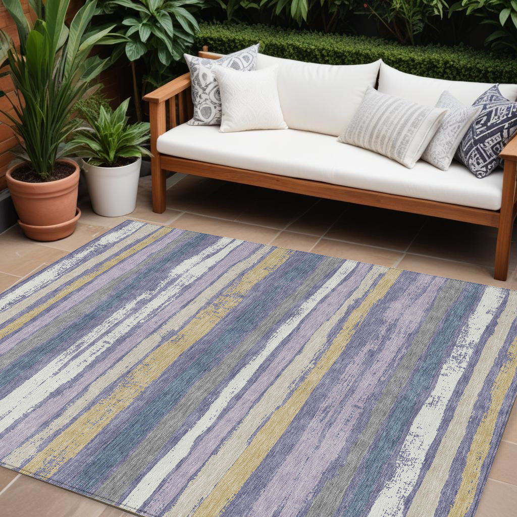 10' X 14' Purple Ivory And Beige Striped Washable Indoor Outdoor Area Rug