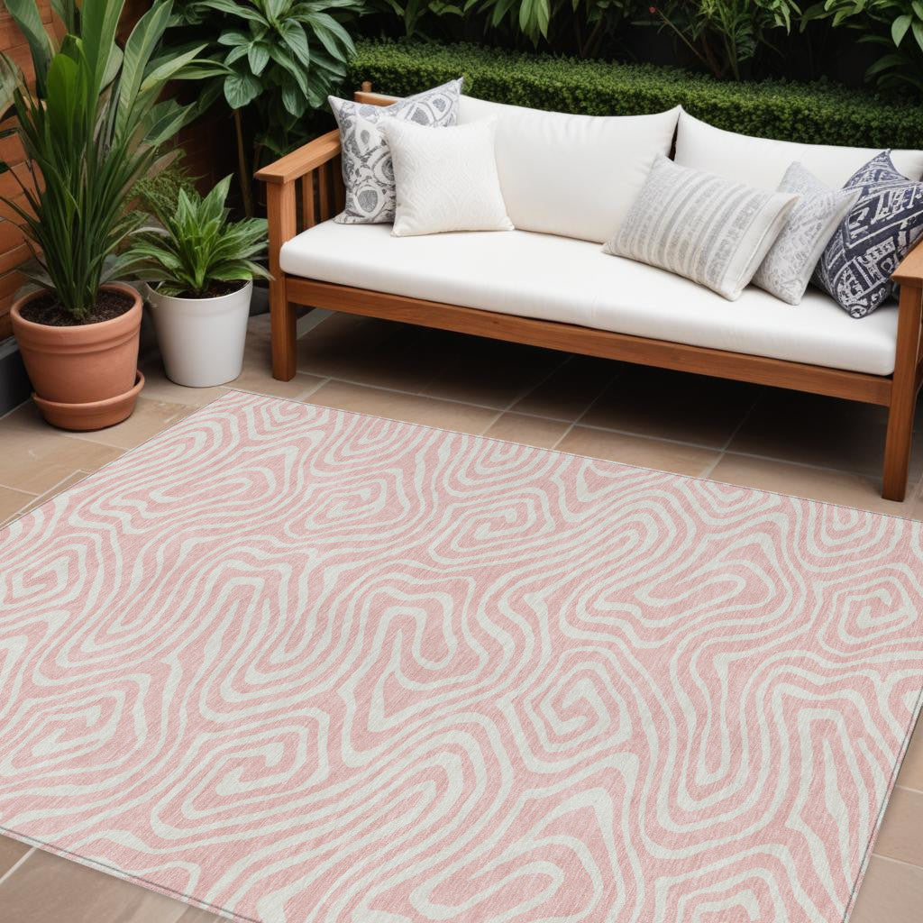 8' X 10' Pink And Gray Abstract Washable Indoor Outdoor Area Rug