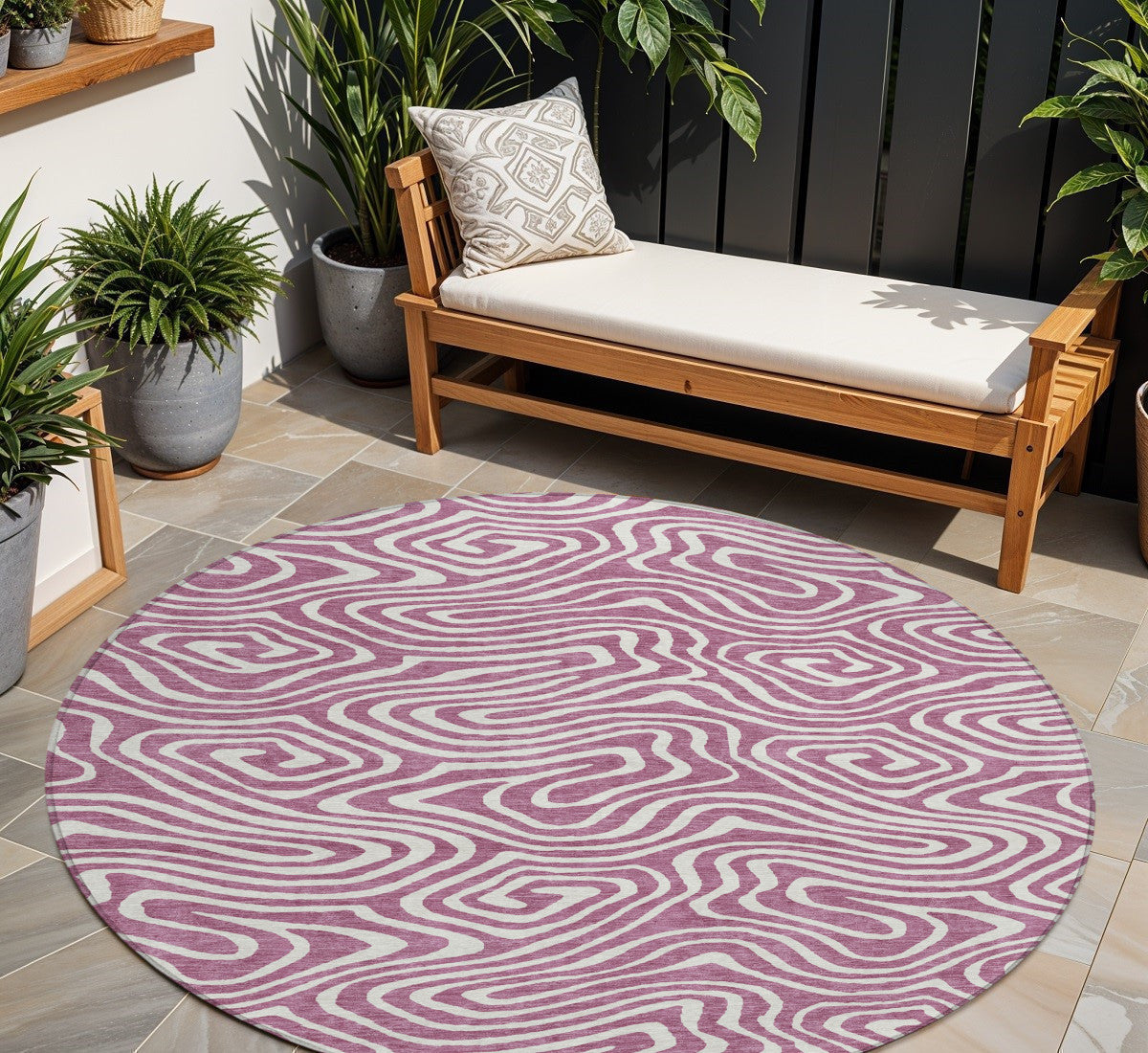 8' Plum And Ivory Round Abstract Washable Indoor Outdoor Area Rug