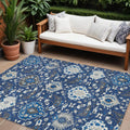 9' X 12' Navy Blue Charcoal And Ivory Damask Washable Indoor Outdoor Area Rug
