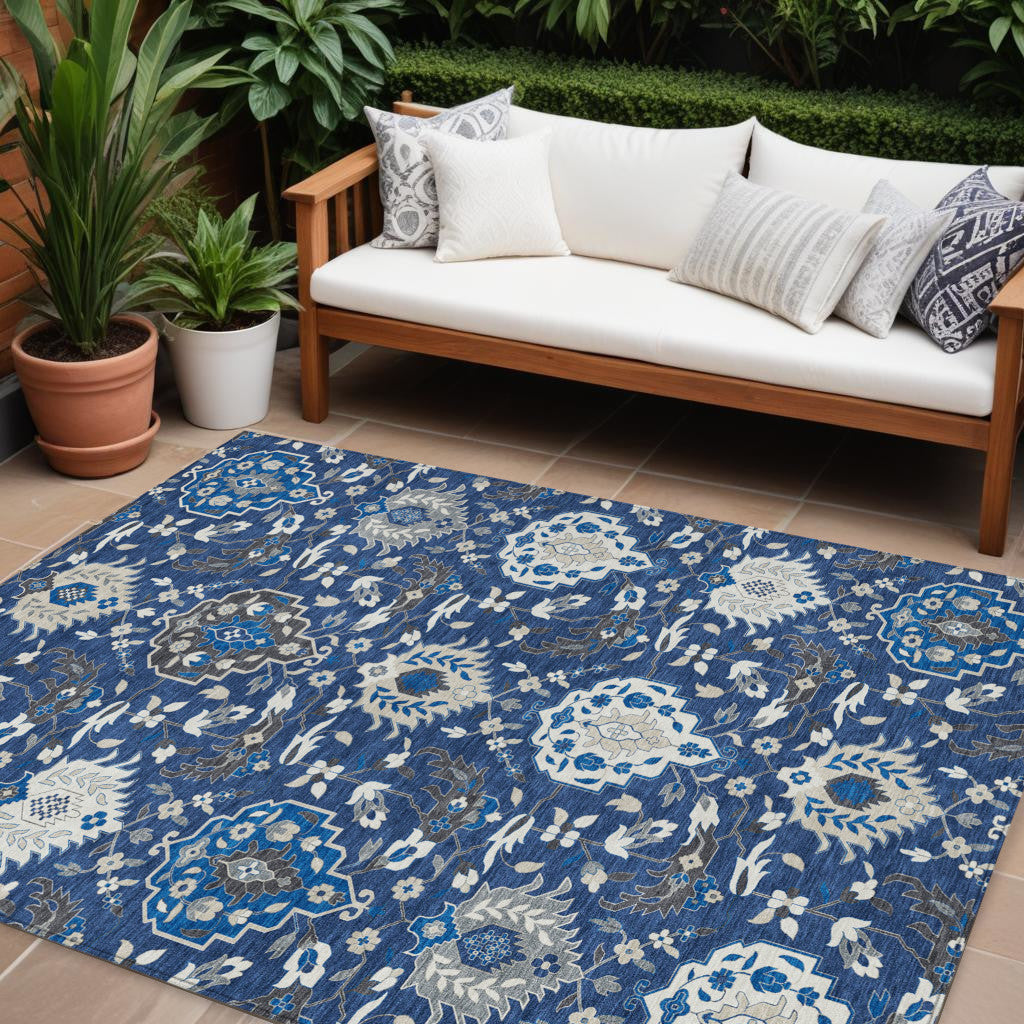 9' X 12' Navy Blue Charcoal And Ivory Damask Washable Indoor Outdoor Area Rug