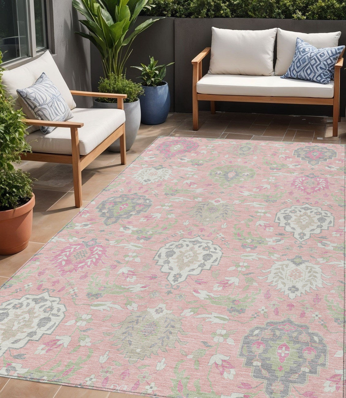 5' X 8' Pink Ivory And Gray Damask Washable Indoor Outdoor Area Rug