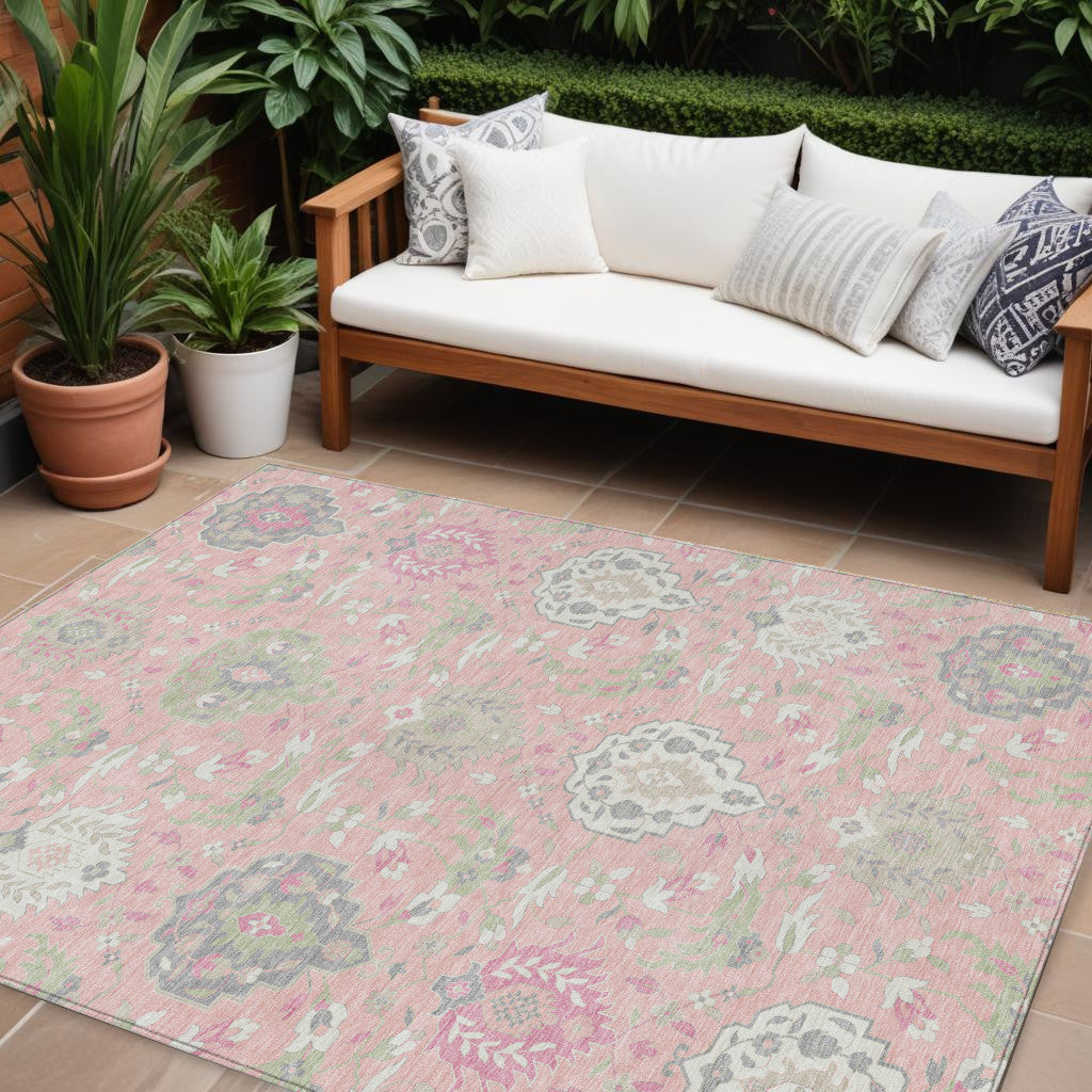 10' X 14' Pink Ivory And Gray Damask Washable Indoor Outdoor Area Rug
