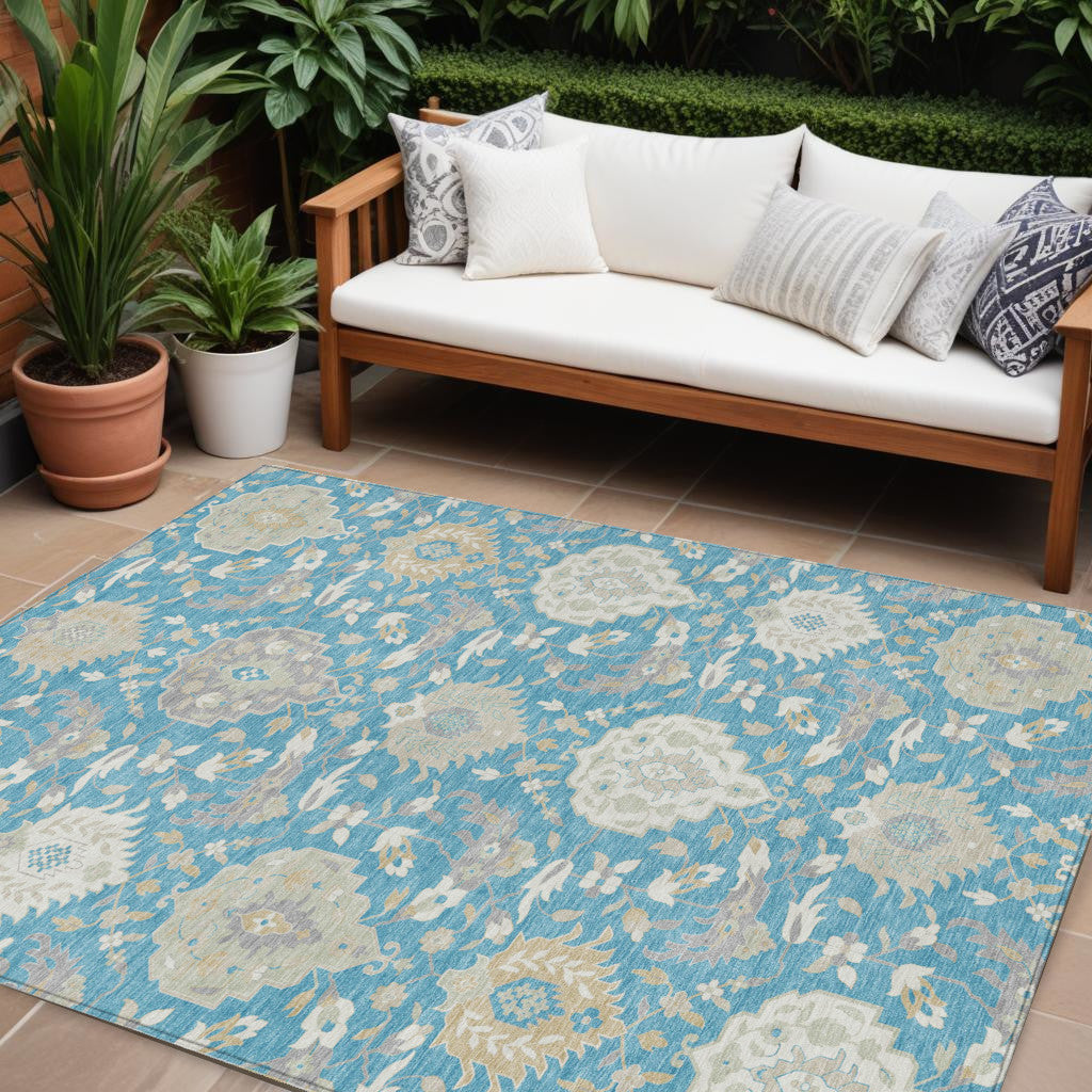 10' X 14' Teal Blue Gray And Ivory Damask Washable Indoor Outdoor Area Rug