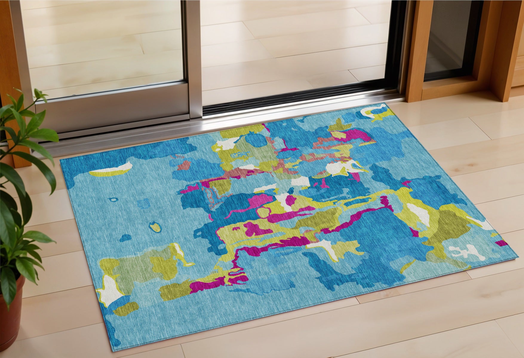 3' X 5' Aqua Green And Pink Abstract Washable Indoor Outdoor Area Rug