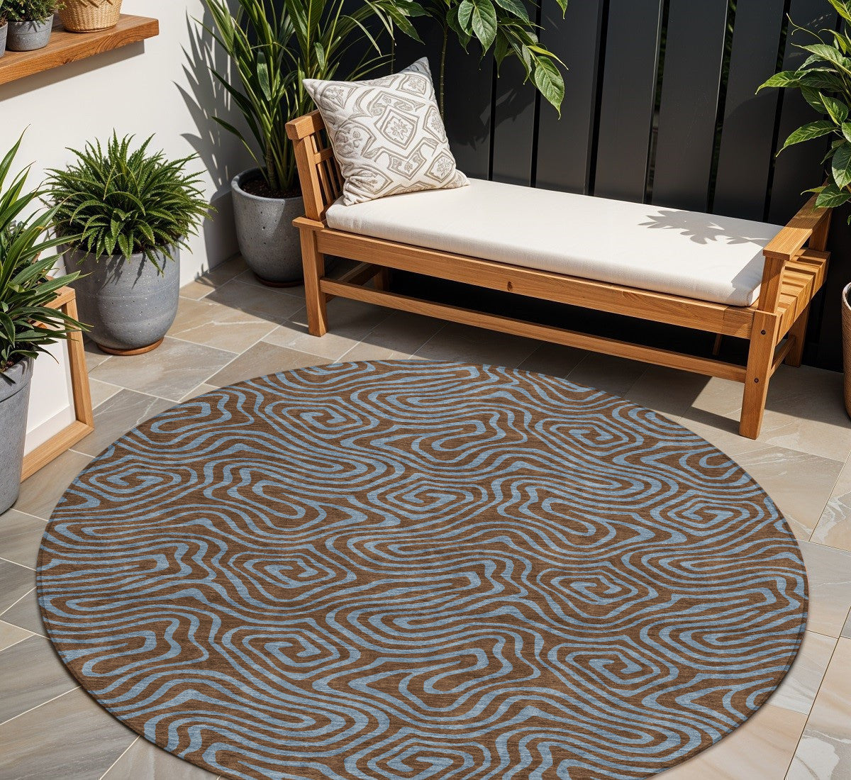 8' Brown And Light Blue Round Abstract Washable Indoor Outdoor Area Rug