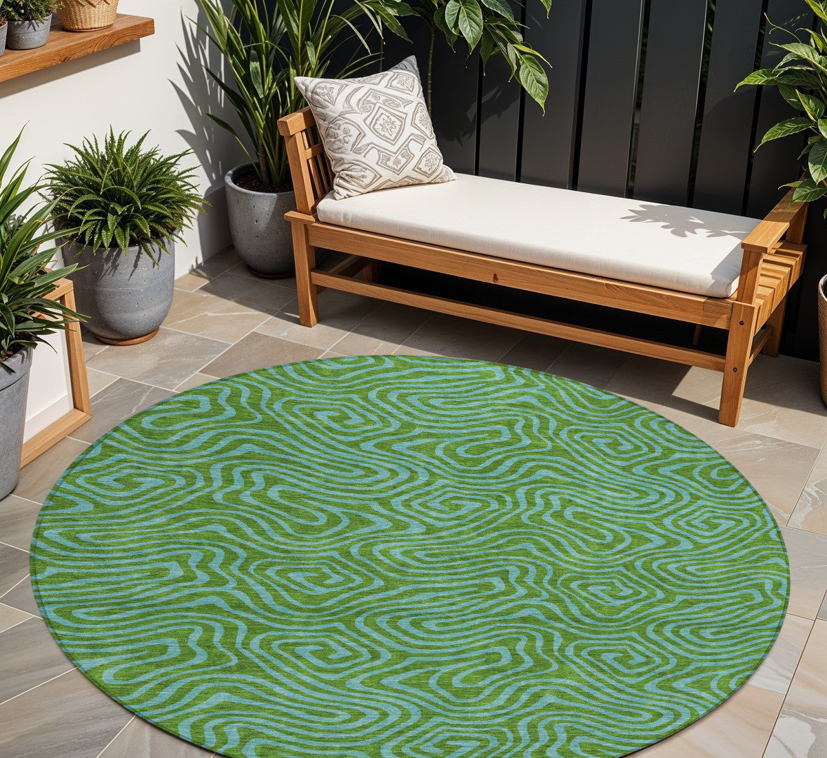 8' Green And Blue Round Abstract Washable Indoor Outdoor Area Rug