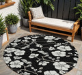 8' Black Ivory And Gray Round Floral Washable Indoor Outdoor Area Rug