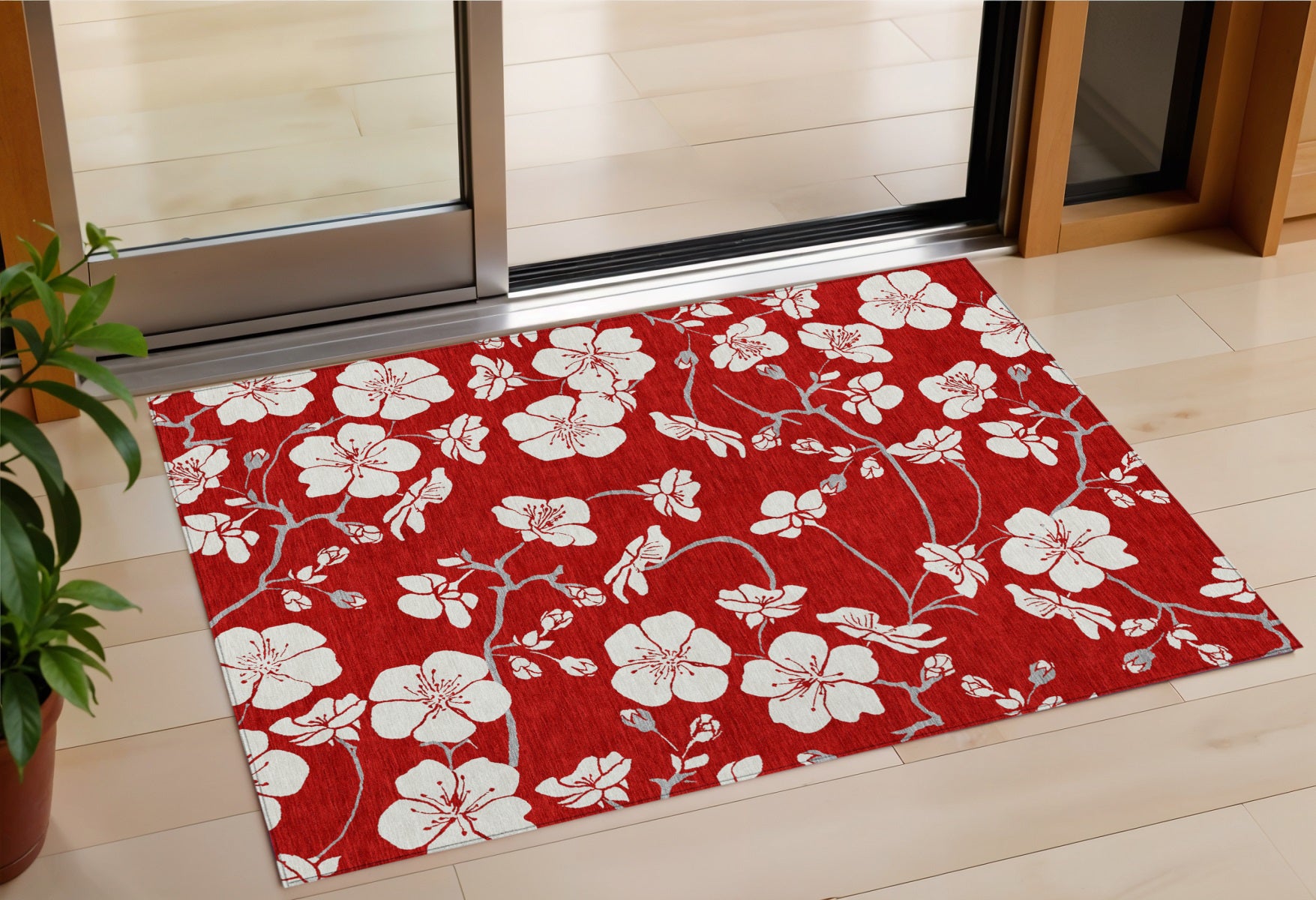 3' X 5' Red Ivory And Gray Floral Washable Indoor Outdoor Area Rug