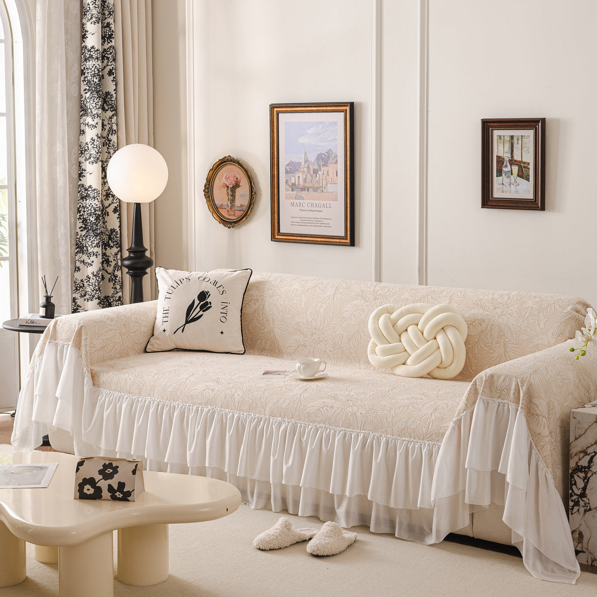 French Chic Style Ruffle Floral Cover Throws for Sofas, Decorative Couch Covers