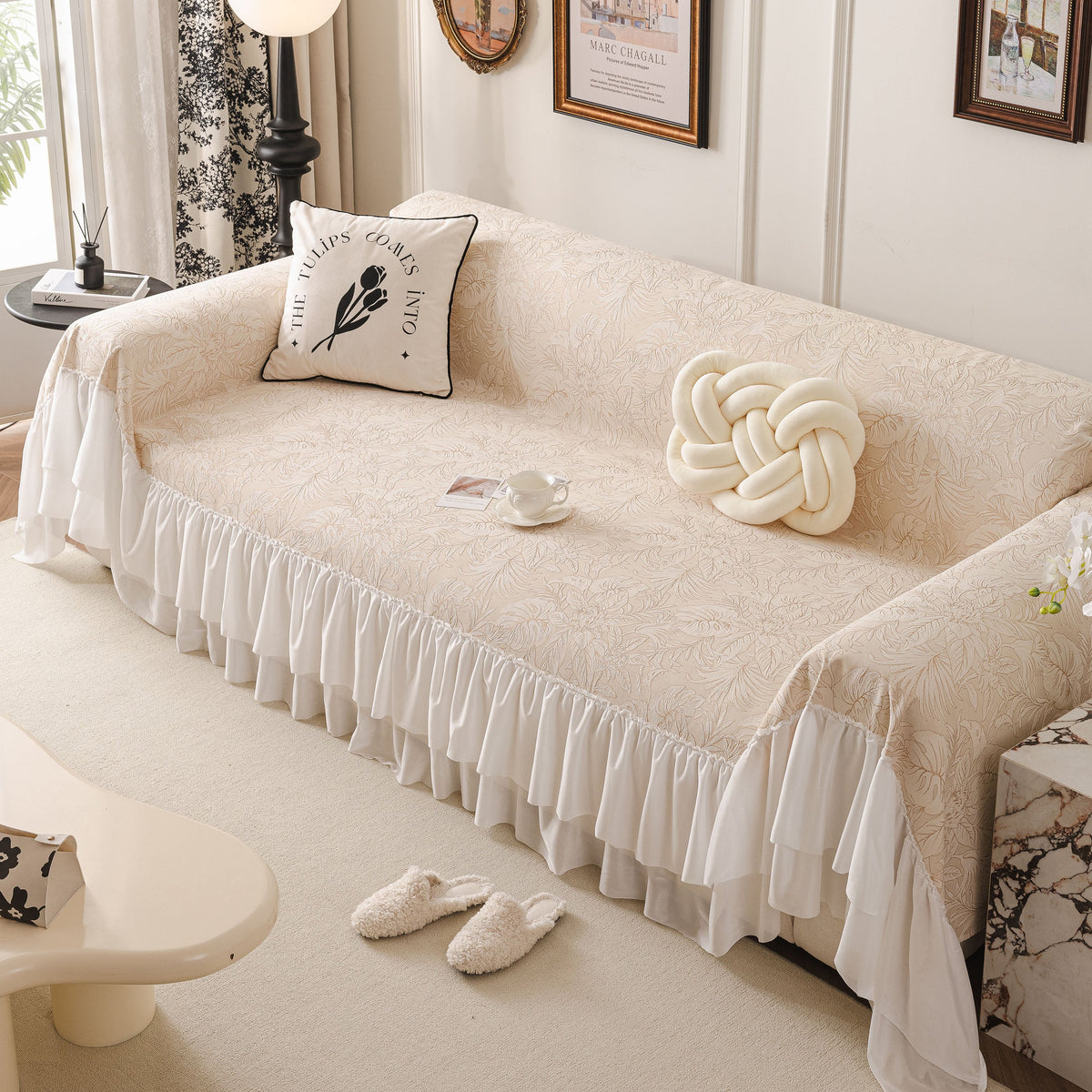 French Chic Style Ruffle Floral Cover Throws for Sofas, Decorative Couch Covers