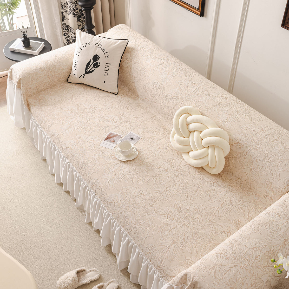 French Chic Style Ruffle Floral Cover Throws for Sofas, Decorative Couch Covers