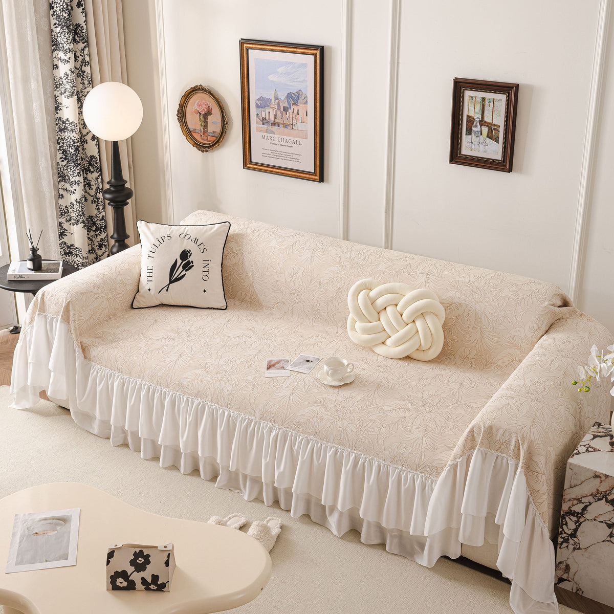 French Chic Style Ruffle Floral Cover Throws for Sofas, Decorative Couch Covers