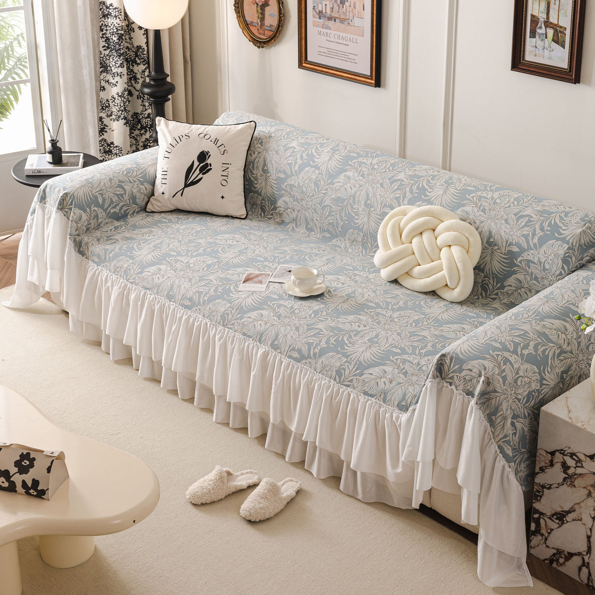 French Chic Style Ruffle Floral Cover Throws for Sofas, Decorative Couch Covers