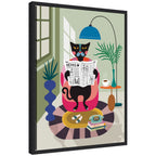 Sylvie Black Cat Reading Newspaper Framed Canvas by Rachel Lee