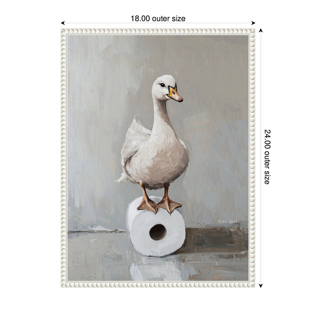 Sylvie Goose Standing on a Toilet Paper Roll Bathroom Art Framed Canvas by The Creative Bunch Studio