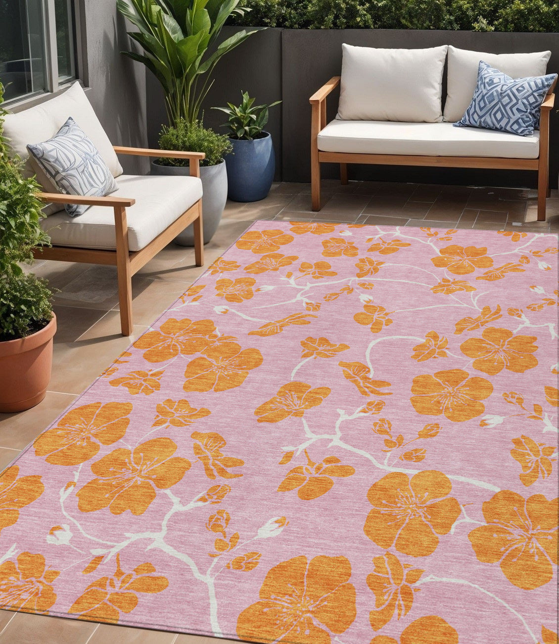 5' X 8' Pink And Copper Floral Washable Indoor Outdoor Area Rug
