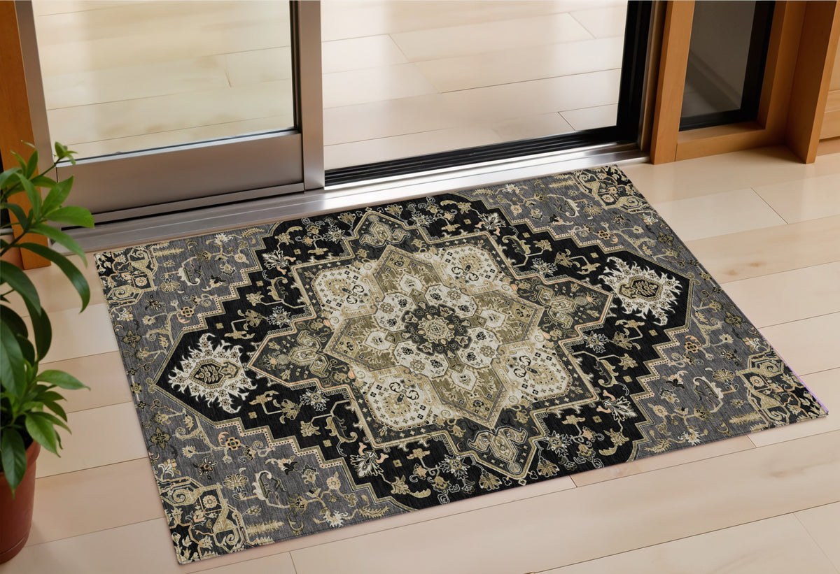 3' X 5' Black Gray And Ivory Oriental Washable Indoor Outdoor Area Rug