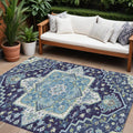 9' X 12' Navy Blue Ivory And Black Oriental Washable Indoor Outdoor Area Rug