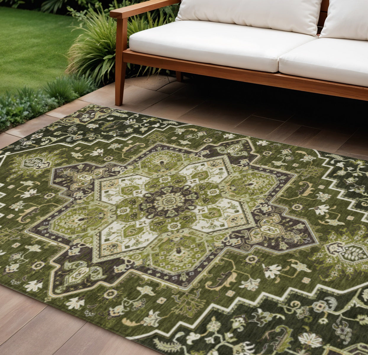 8' X 10' Olive Green Ivory And Brown Oriental Washable Indoor Outdoor Area Rug