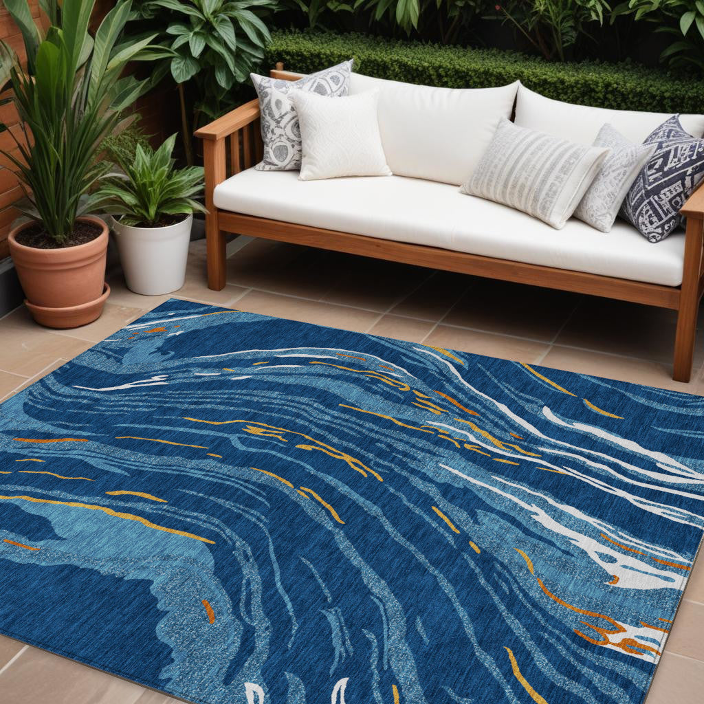 10' X 14' Navy Blue Gold And Copper Abstract Washable Indoor Outdoor Area Rug
