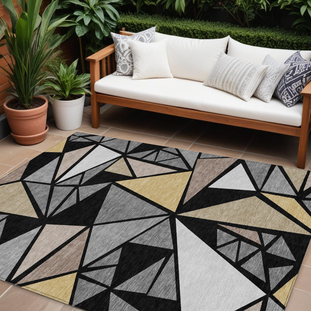 9' X 12' Black Beige And Gray Geometric Washable Indoor Outdoor Area Rug