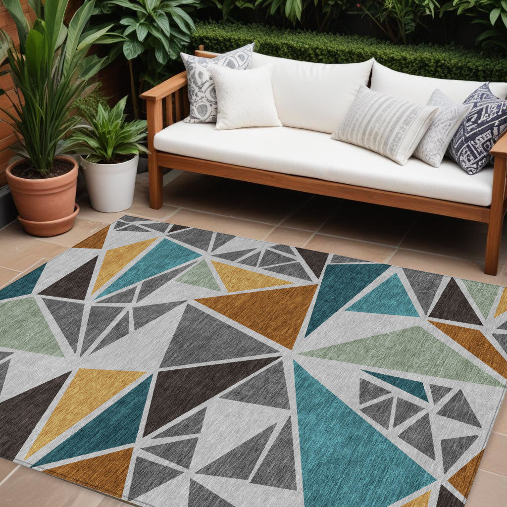 10' X 14' Gray Copper And Brown Geometric Washable Indoor Outdoor Area Rug