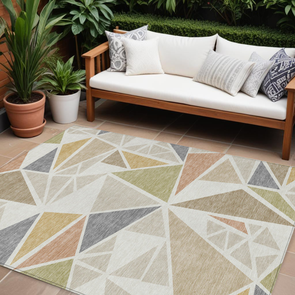 8' X 10' Ivory Brown And Green Geometric Washable Indoor Outdoor Area Rug