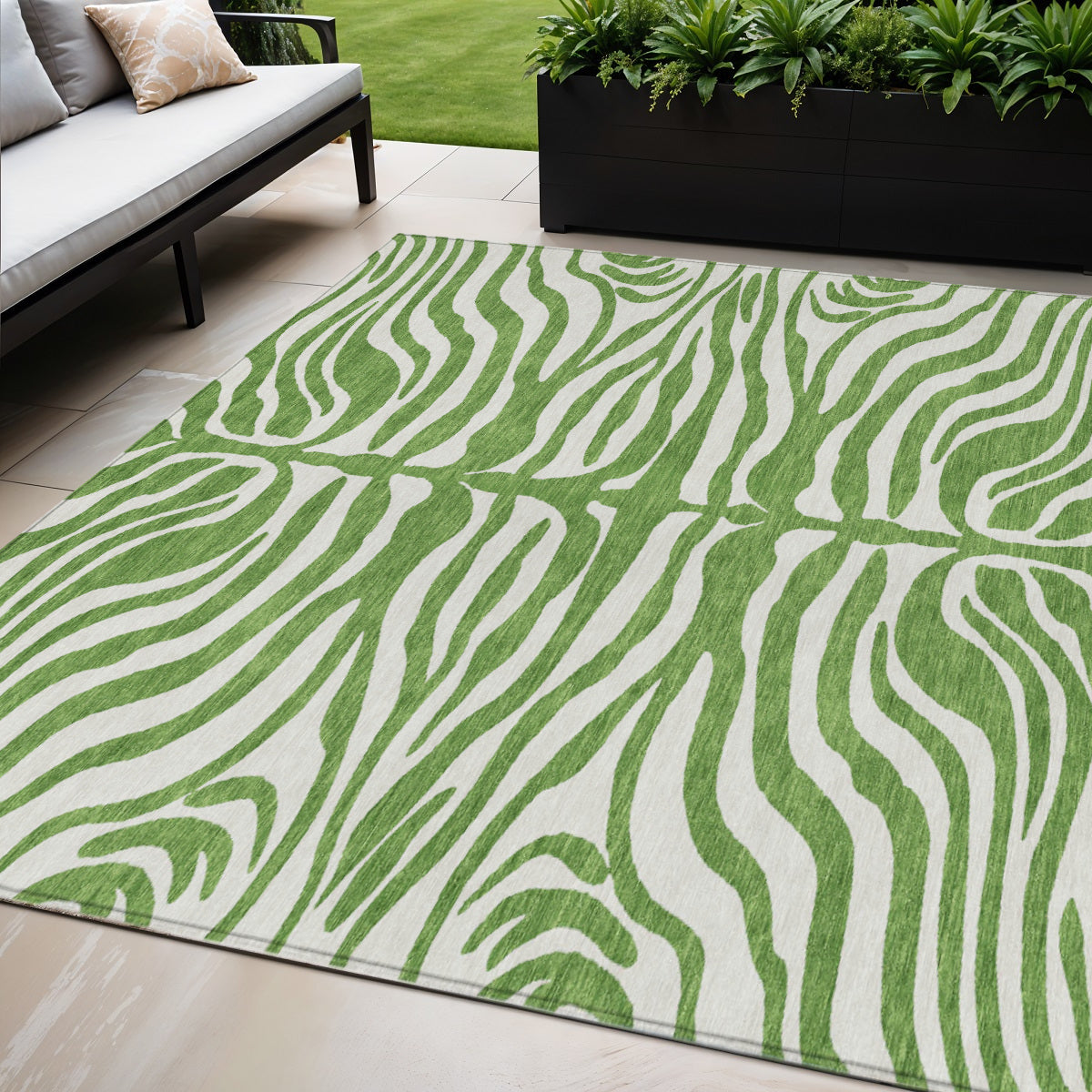 5' X 8' Green And Ivory Animal Print Washable Indoor Outdoor Area Rug
