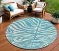 8' Teal Blue And Ivory Round Animal Print Washable Indoor Outdoor Area Rug