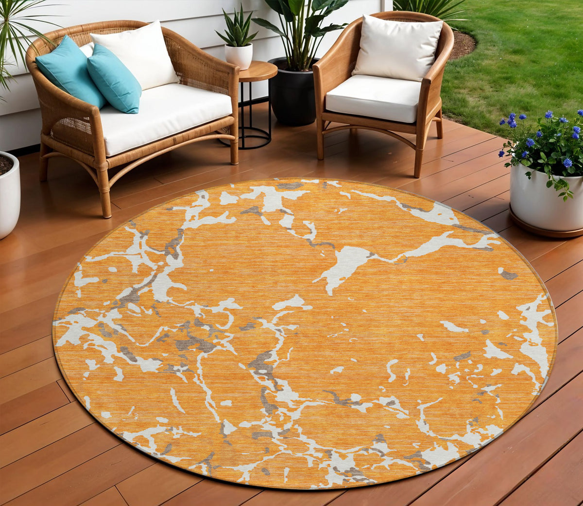 8' Orange Brown And Ivory Round Striped Washable Indoor Outdoor Area Rug